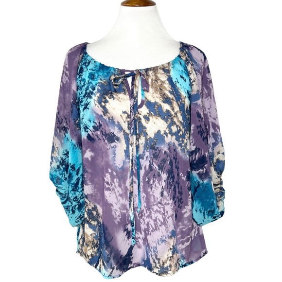 Romeo & Juliet Couture Tops - Romeo & Juliet Couture Pastel Watercolor Tie Neck Balloon Sleeve Peasant Top